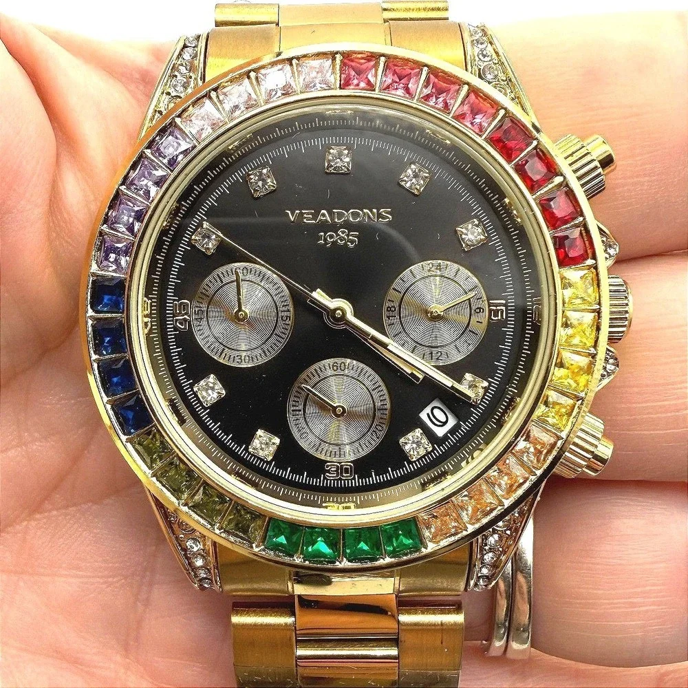Veadons 1985 Gold Rainbow Crystal Bezel Chronograph Watch Black Dial New